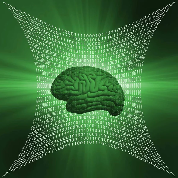 基于绿色背景的白色二进制代码的面向未来的正方形图形曲面 人工智能的人脑符号 三维图解 — 图库照片