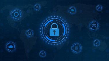 Dijital arkaplanda kapalı asma kilit merkezi - siber güvenlik ve bilgi teknolojisi konsepti - 3D İllüstrasyon