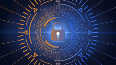 Soyut çember bilim kurgu fütüristik koruma teknolojisi kavramı - hud merkezli kapalı asma kilit - arkaplanda kırmızı mavi renk gradyanı - 3D İllüstrasyon