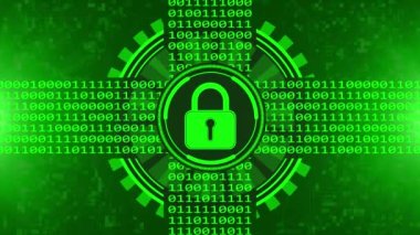 Güvenli teknoloji kavramı - hud ve değişen ikili kodların hareketinde asma kilit - devre kartı olarak bulanık arkaplan üzerinde yeşil renkli elementler