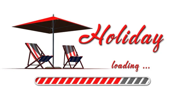 Holiday Loading Greeting Card Sun Chairs Umbrella Red Lettering Loading — Stock Photo, Image