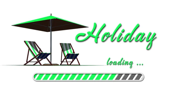 Holiday Loading Greeting Card Sun Chairs Umbrella Green Lettering Loading — Stock Photo, Image