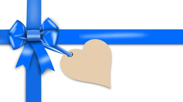 Gift Bow Ribbon Blue Attached Label Heart Shape Free Space — ストック写真
