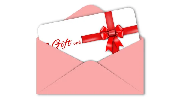 Gift Card Red Ribbon Bow Pink Envelope Isolated White Background — Stock Photo, Image