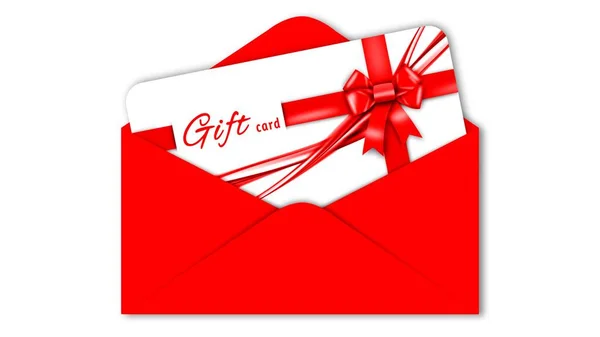 Gift Card Red Ribbon Bow Red Envelope Isolated White Background — Stock Photo, Image