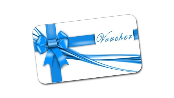 Voucher Card Blue Ribbon Bow Isolated White Background Shadow Minimal — Stock Photo, Image