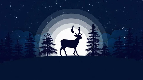 大きな満月の前にトナカイとクリスマスカード 雪の結晶と松の森と冬の青空 3Dイラスト — ストック写真