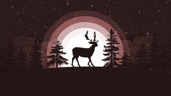 Cartão Natal Com Renas Frente Uma Grande Lua Cheia Céu — Fotografia de Stock