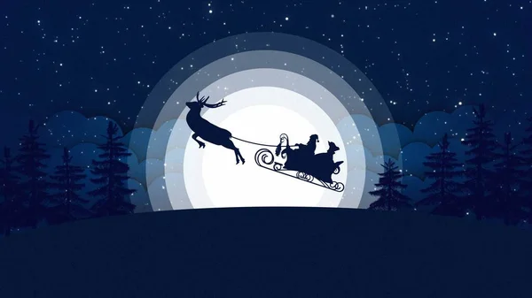 Cartão Natal Com Papai Noel Renas Frente Uma Grande Lua — Fotografia de Stock