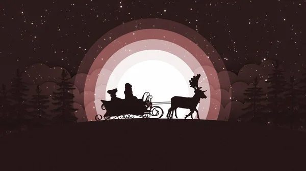 Christmas Card Santa Claus Reindeer Front Big Full Moon Winter — Stock Photo, Image