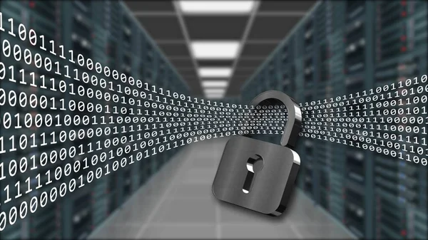 Digital data stream flows through closed padlock - series of binary code on blurred data server room background - internet security and data protection concept - 3D illustration