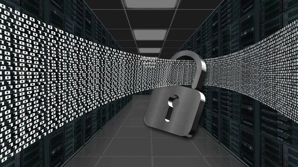 Digital data stream flows through closed padlock - series of binary code on data server room background - internet security and data protection concept - 3D illustration