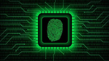 Çip sensöründeki parmak izi logosu - çizgileri birbirine bağlayan bilgilerin arkasındaki bulanık ikili kod ile soyut arkaplan - biyometrik yetkilendirme ile güvenlik tarama konsepti - 3D illüstrasyon