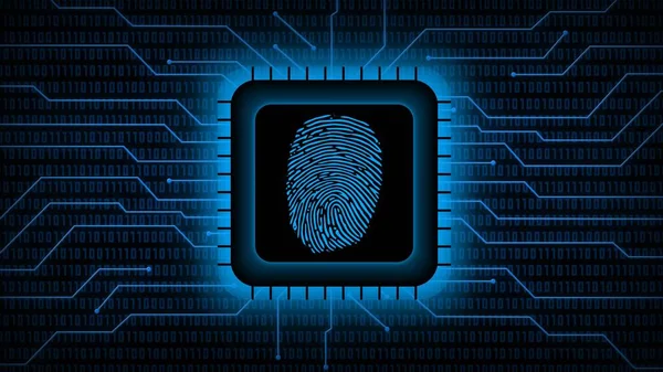 Fingerprint logo on chip sensor - abstract background in blue of blurred binary code behind information connecting lines - security scanning identification concept by biometric authorization - 3D illustration