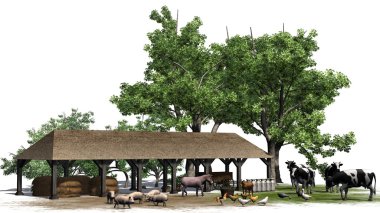 Beyaz bir arka plan üzerinde hayvanlarla küçük çiftlik