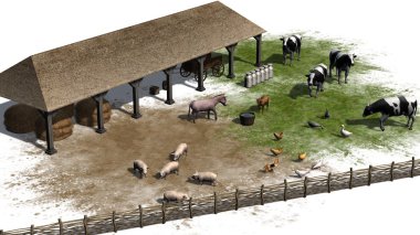 Beyaz bir arka plan üzerinde hayvanlarla küçük çiftlik