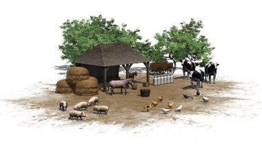 Beyaz bir arka plan üzerinde hayvanlarla küçük çiftlik