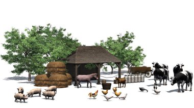 Beyaz bir arka plan üzerinde hayvanlarla küçük çiftlik