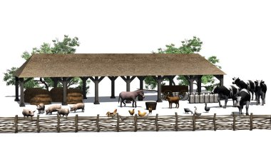 Beyaz bir arka plan üzerinde hayvanlarla küçük çiftlik