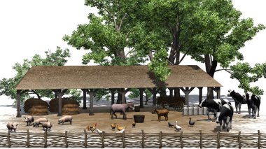 Beyaz bir arka plan üzerinde hayvanlarla küçük çiftlik