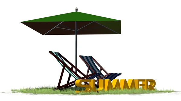 Nyári betűkkel, nyugágyakkal és napernyővel -, külön a fehér háttér — Stock Fotó