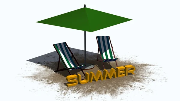 Літнє написання з палубними стільцями і парасолькою - відокремлене на білому тлі — стокове фото