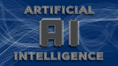 AI - Artificial Intelligence. The letters A and I in the form of microchips to the abbreviation AI on blue background with grid waves - 3D Illustration