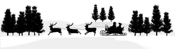Weihnachtspanorama - Weihnachtsmann, Schlitten, Rentiere, Bäume - Silhouette — Stockfoto