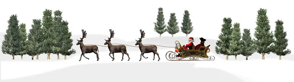 Weihnachtspanorama - Weihnachtsmann-Schlitten, Hirsche, Bäume — Stockfoto