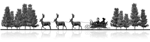 Panorama de Natal - trenó de Papai Noel, renderizadores, árvores - preto, branco com reflexão — Fotografia de Stock