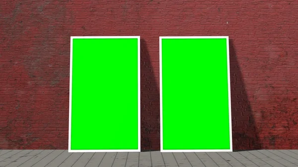 two green screen frames on old brick wall and wooden floor