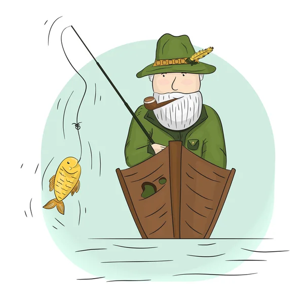 Pescador en un barco con caña de pescar . Ilustración De Stock