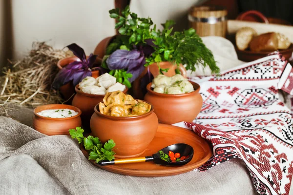 Äta flera typer av ravioli lerkruka i det nationella livet — Stockfoto