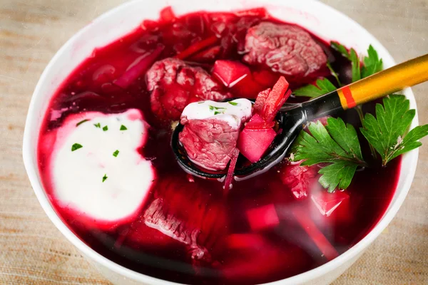 Borscht bowl in a still life the Russian style — Stock Photo, Image