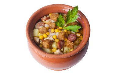 çorba potu tütsülenmiş sosis patates ve Mısır ile