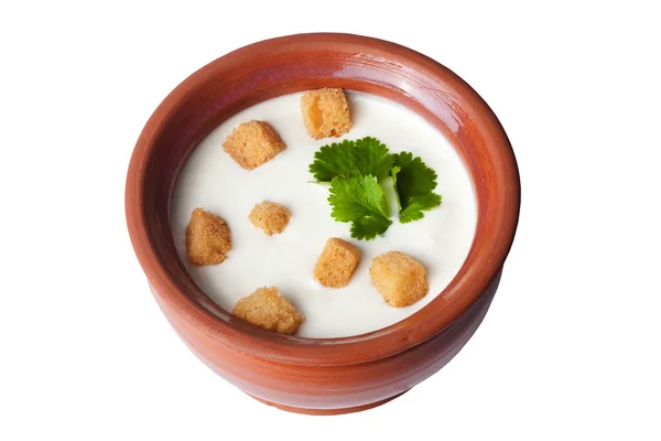 Tontopf mit Milchsuppe Croutons — Stockfoto