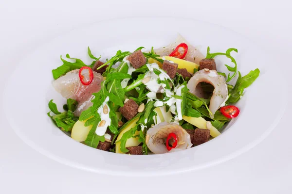 Salad with herring and arugula peanuts, rye croutons, parmesan menu isolated on white background — Stock Photo, Image