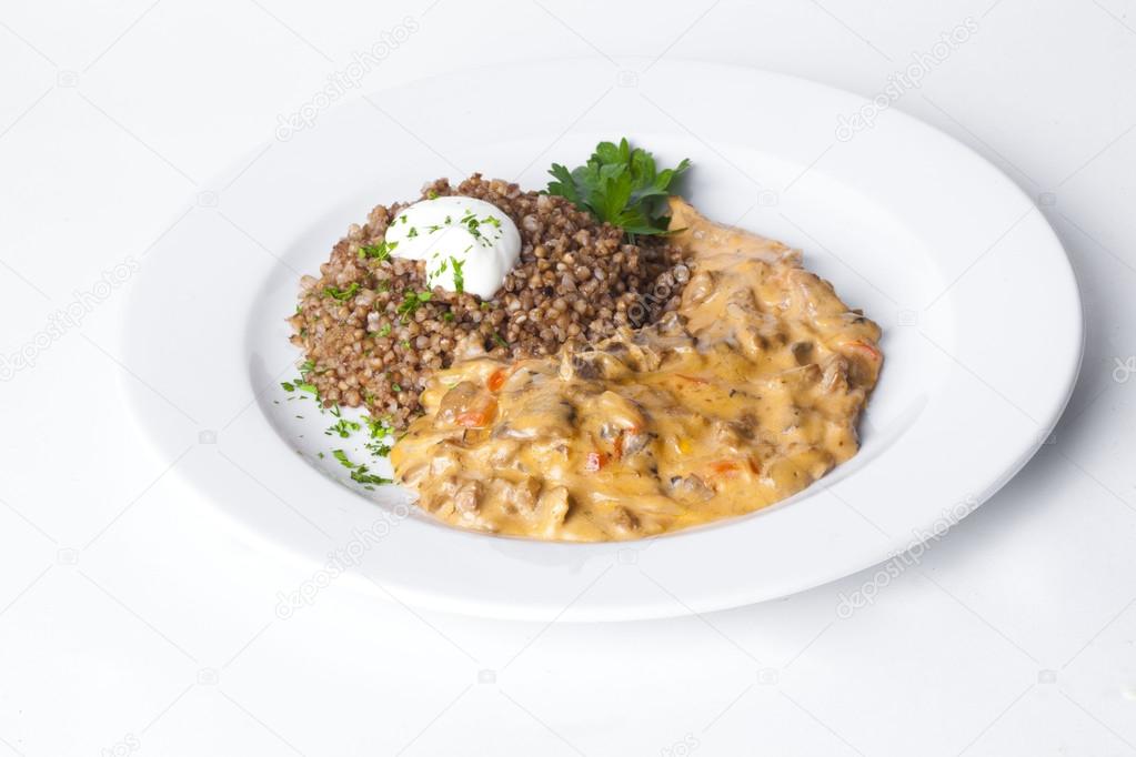 goulash meat buckwheat with sour cream dill