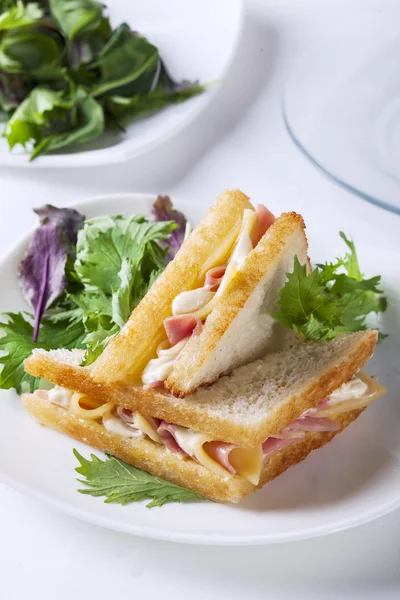 Due panini con prosciutto e burro di formaggio spezie, salsiccia, salame piccante, chorizo — Foto Stock