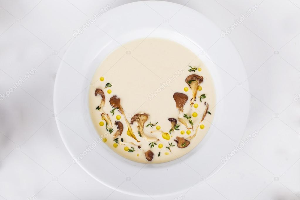 soup with oyster mushrooms and thyme plate top menu isolated