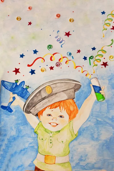 Pojke barn ritat lycka semester glädje party poppers kritor, gouache — Stockfoto