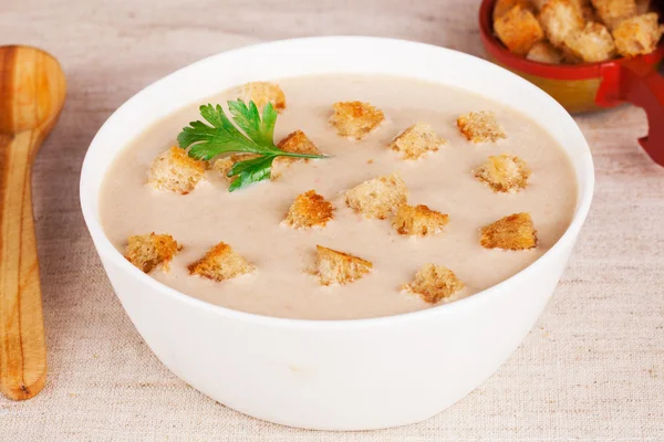 Cream soup with croutons in a still life Russian style — Stock Photo, Image