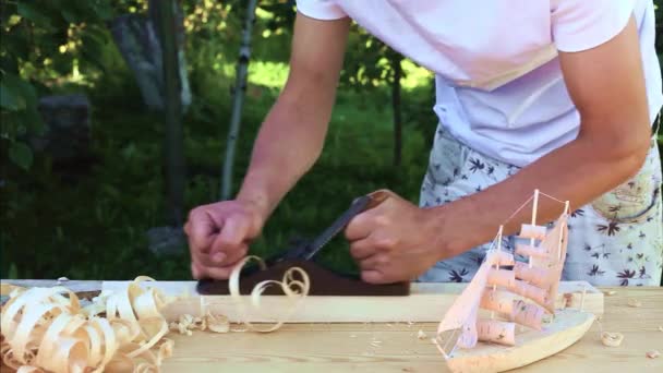 Asztalos ember dolgozik sík a blokk a fa chipek szenvednek — Stock videók