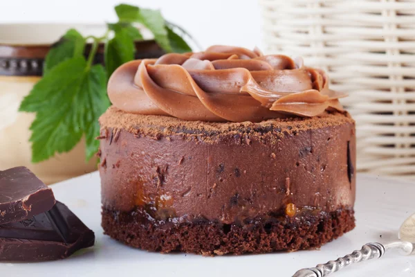 美しいプレート クリームにチョコレートのムースのケーキをローズ — ストック写真