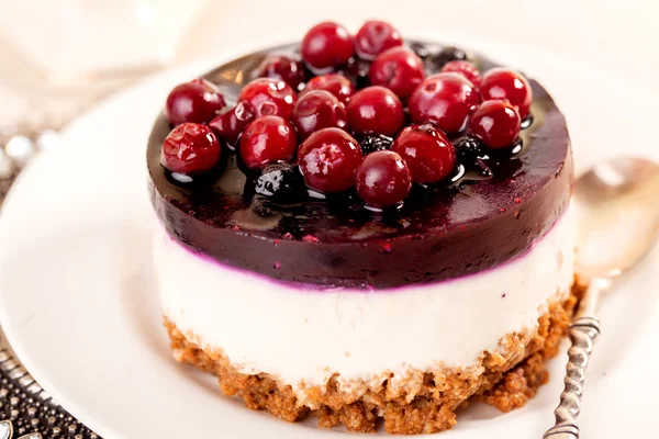 Torta con crema di gelatina di mirtilli rossi forma rotonda bacche primo piano — Foto Stock