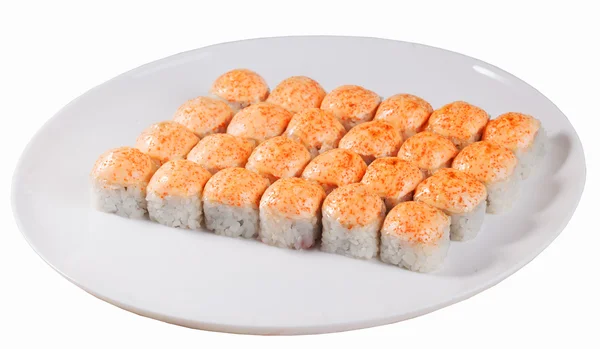 Set of baked sushi rolls on an oval plate isolated  white background, orange beanie hat cap — Stok Foto