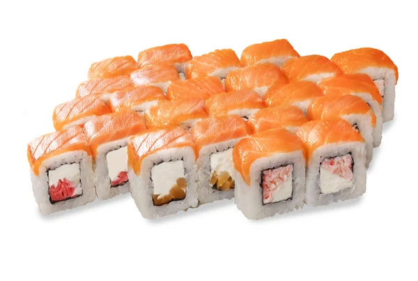 Philadelphia gulungan sushi set terisolasi pada latar belakang salmon putih — Stok Foto