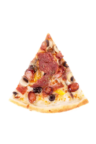 Pizza with salami, olives, sausages hunting, sausage, peppers, mushrooms for the menu — Stock Photo, Image