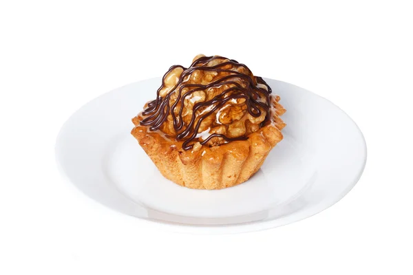Pastry tartlet with walnut caramel and chocolate — Stock Photo, Image