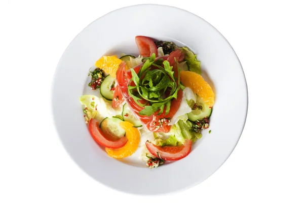 Salad with red fish, tomatoes, cucumbers and oranges — Stock Photo, Image